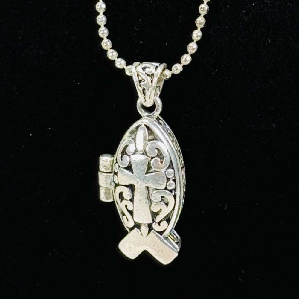 Vintage Silvertone fish cross open pendant necklace